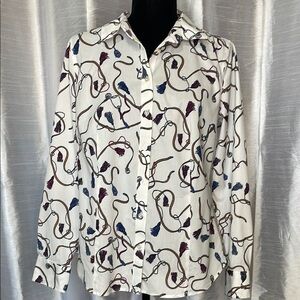 Talbots Women’s 10 Button Up Long Sleeve Tassels & Belts Print White Shirt